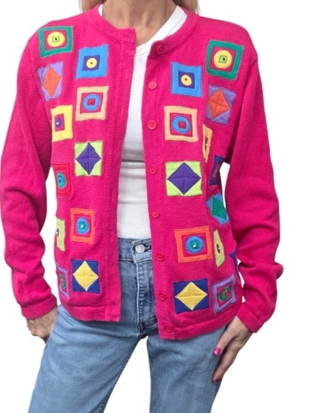 Vintage 90s Bechamel Pink Geometric Applique Ramie Cotton Cardigan S